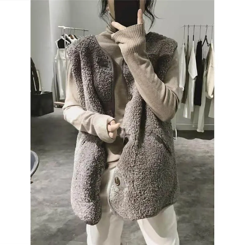 Fleece Waistcoats for Women Mid Length Plush V-neck Vests Casual Sleeveless Cardigans Oversized Winter Jackets Loose Women Tops