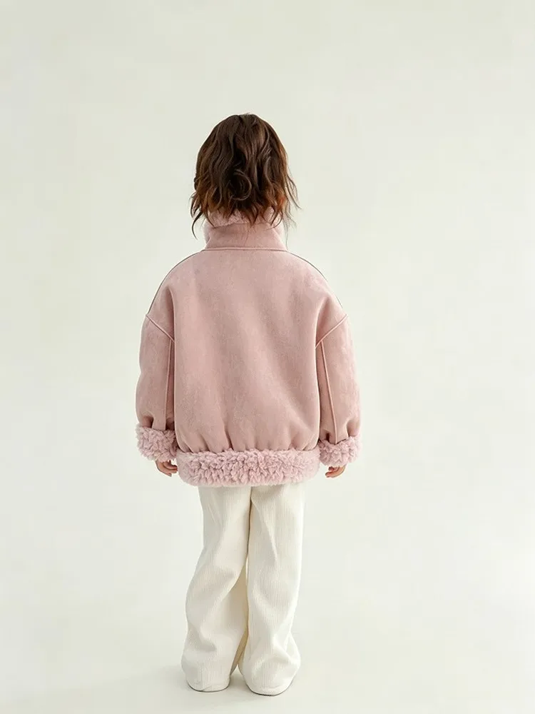 Mädchen Stehkragen Shearling-Mantel 2025 Neue Kinder-Kombinations-Lammwoll-Wildleder-Kurz-Motorradjacke Winter Warme Kinder-Oberbekleidung – Detail 9