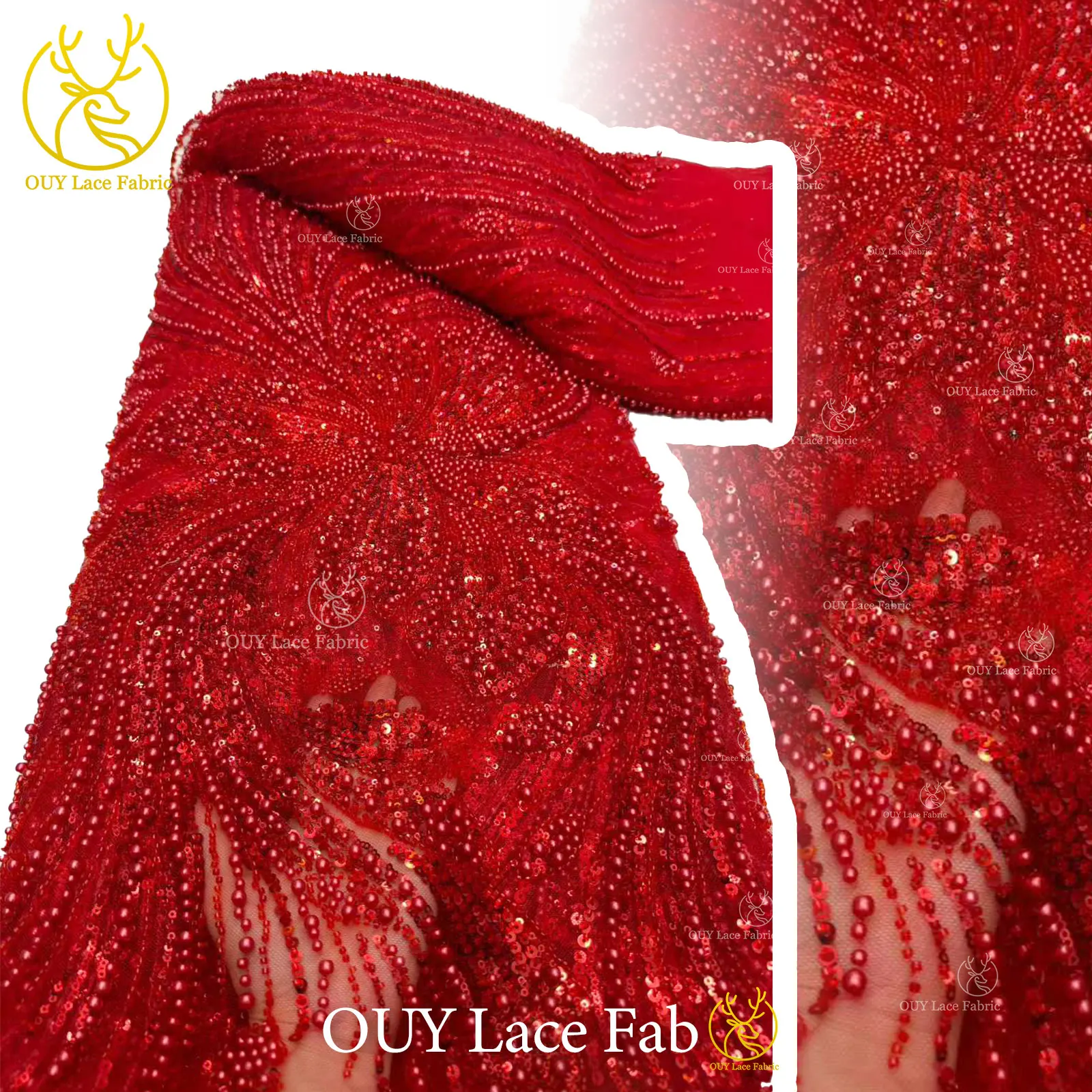 

Red African Heavy Beaded Lace Fabric 2026 High-Quality French Nigerian Sequin Tulle Lace Suitable for Women's Party Dresses