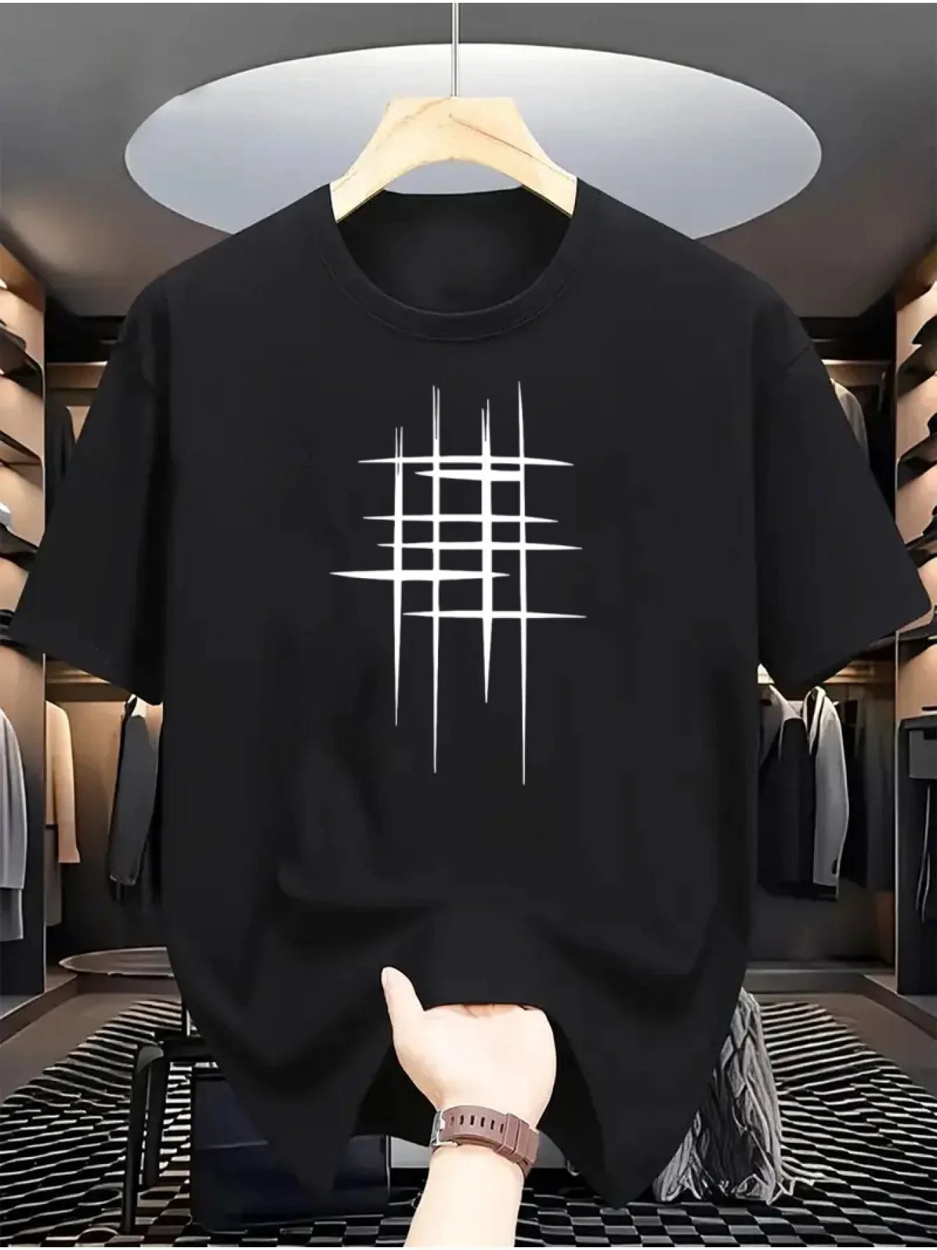 Edgy Abstract Scratch Mark Geometric Oversized Tshirt Men 100% Cotton Loose Short Sleeve Understated Trendy Summer Tee
