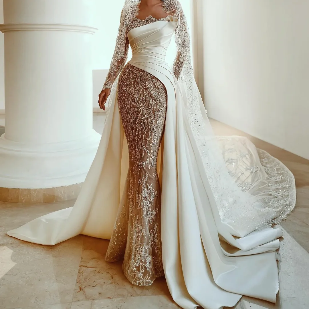 

Vintage Mermaid Chart Wedding Dress For Bride Beads Lace Long Sleeves Pleats Satin Wedding Dresses Bridal Gowns Customized