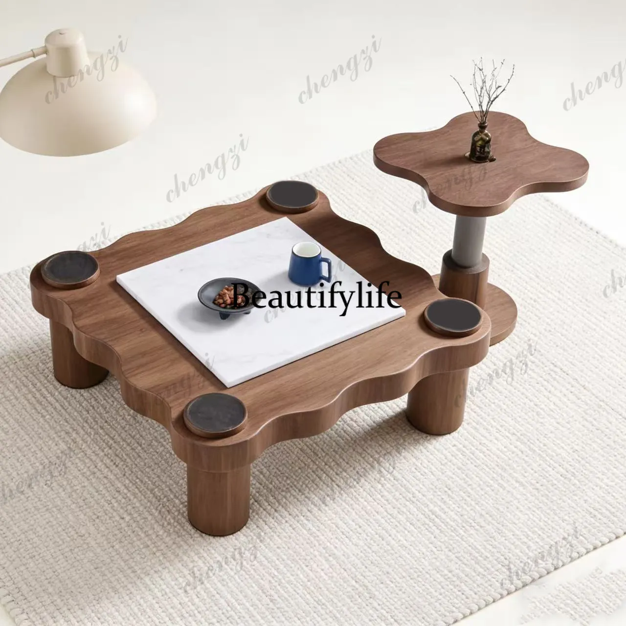 Modern minimalist wabi sabi mid-ancient style irregular wooden wave coffee table combination designer living room coffee table