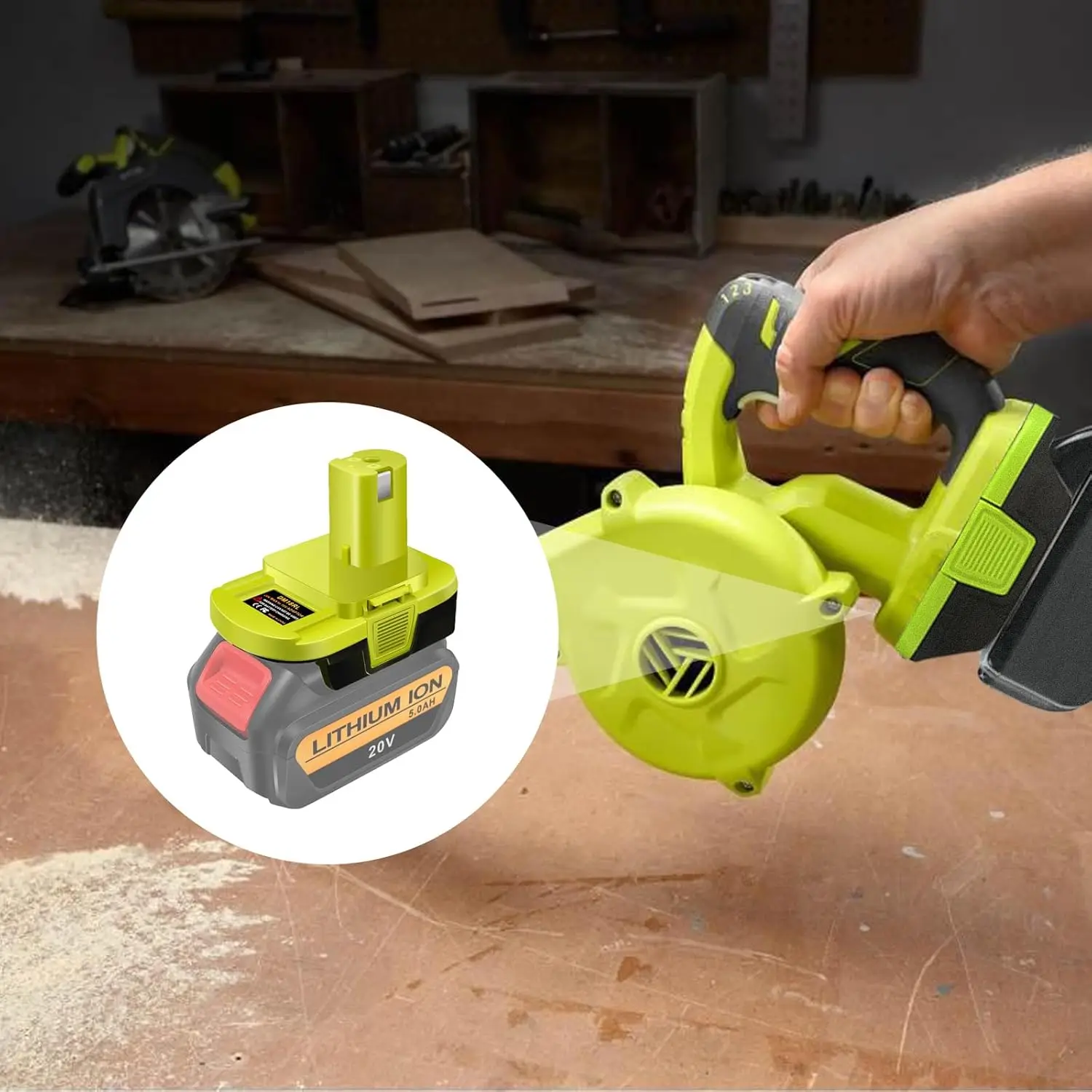 DM18RL Batterieadapter zur Umwandlung von Dewalt/Milwaukee 20V/18V Li-Ionen-Akkus in Ryobi 18V P108 ABP1801, USB-Anschluss, Schwarz/Grün – Detail 9