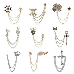 British Style Crown Angle Wings Tassel Chain Brooch Vintage Badge Cross Suit Lapel Pin Corsage Men Accessories Jewelry Luxury