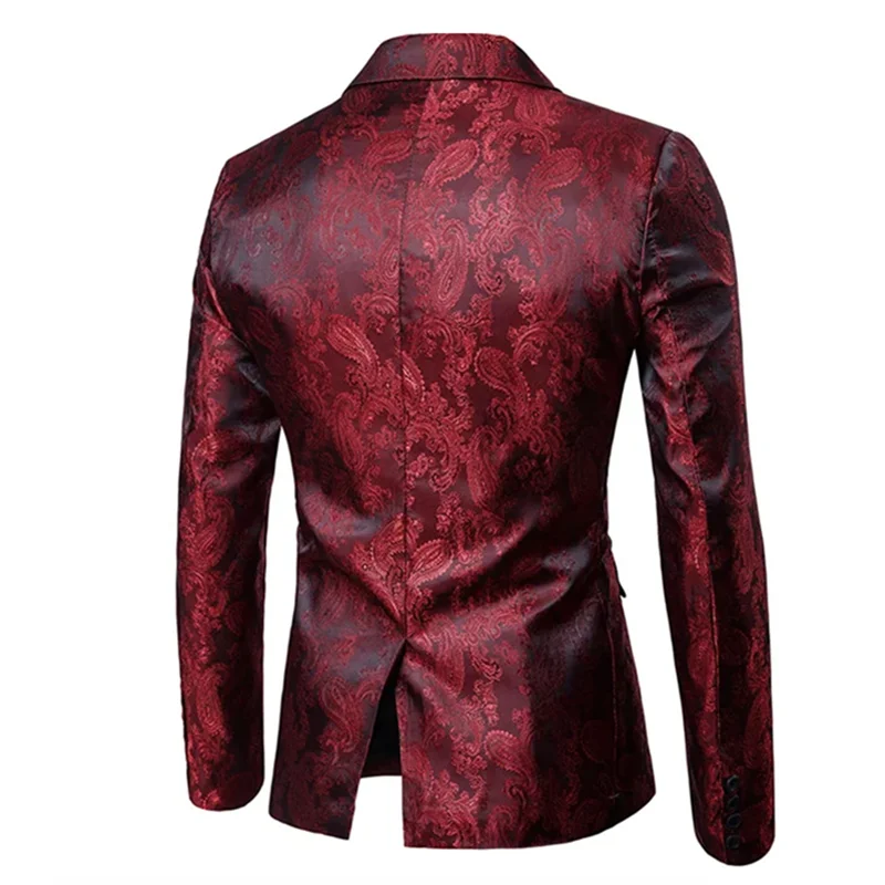 New Men Jacquard Suit Thin 2 Piece Set Wine Red / Black / Yellow Fashion Male Wedding Ball Party Dress Blazers and Trousers