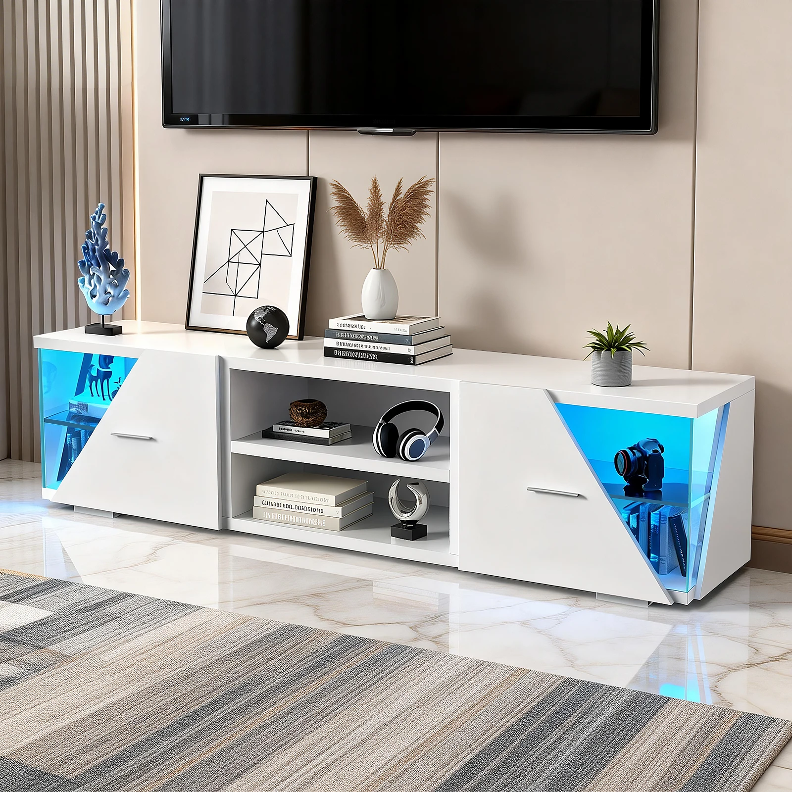 Armadio TV Lowboard TV da 45 pollici con luci a LED Comò moderno Armadio TV con 2 armadi Tavolo TV Mobili TV Bianco