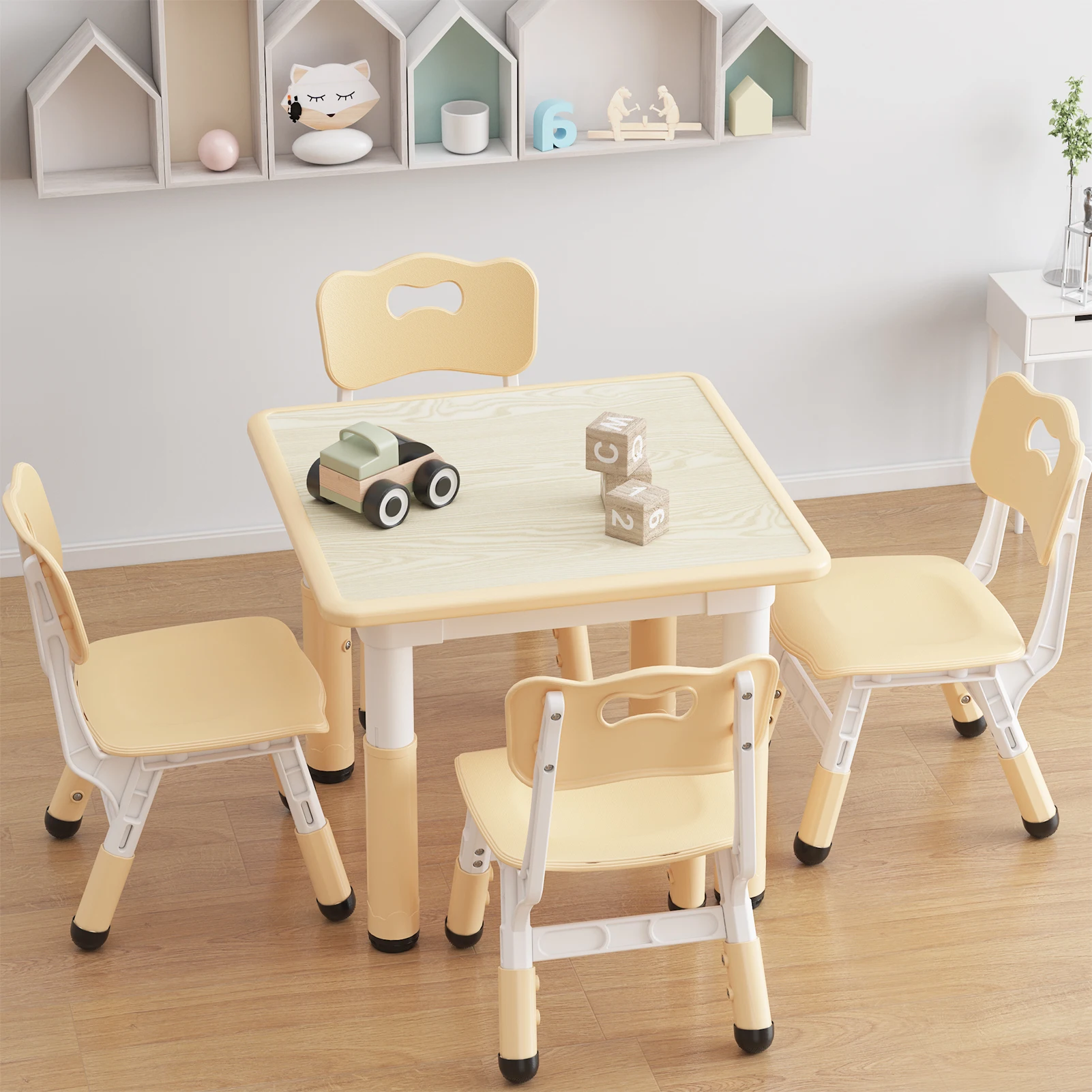 Kids Table and 4 Chairs Set - Height Adjustable Toddler Study Table and Chair Set, Children Activity Desk for Home/Classroom