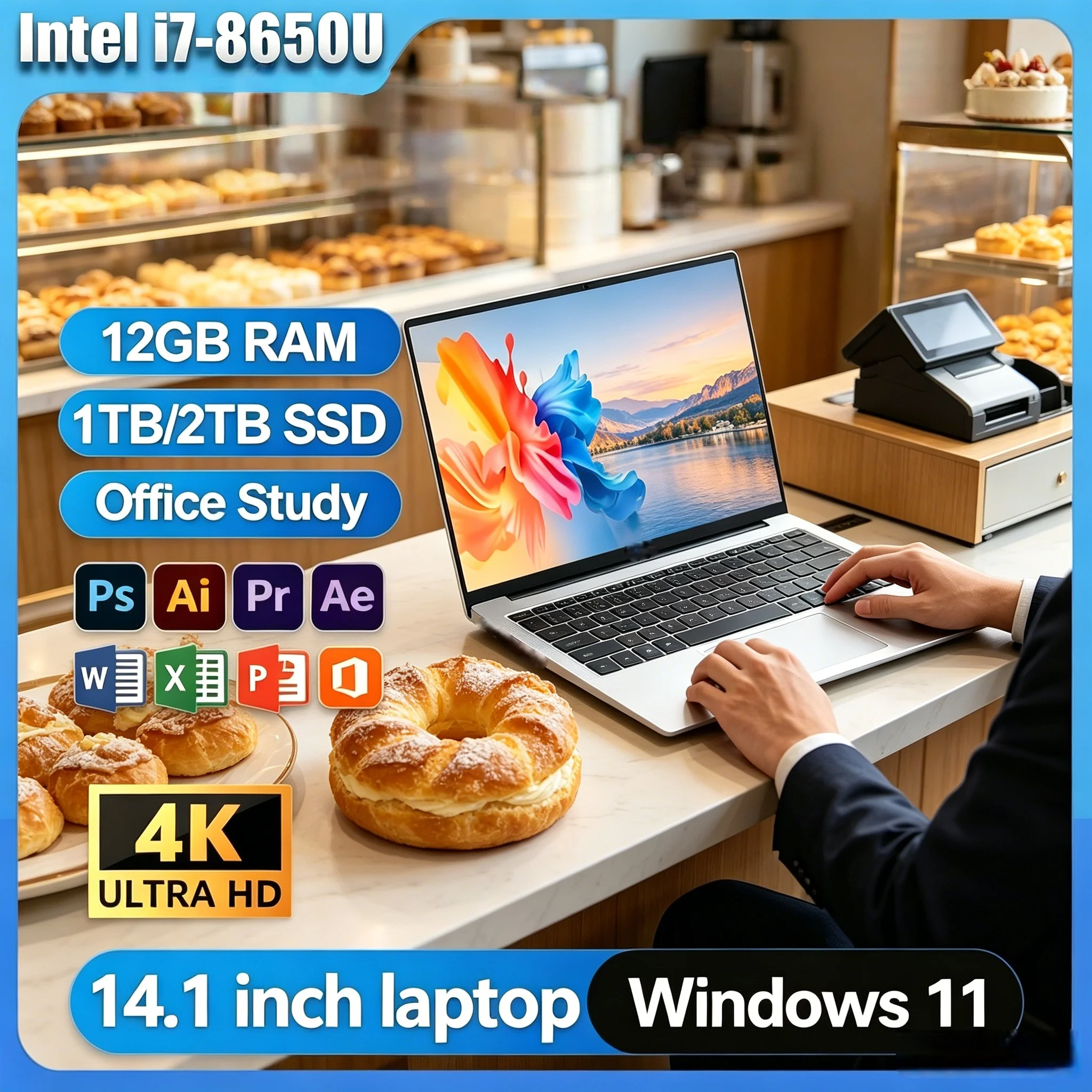 Новый ультратонкий ноутбук 2026 года, 14,1 дюйма, Intel Core i7-8650U, Windows 11, DDR4 16 ГБ/32 ГБ ОЗУ, SSD 2 ТБ, портативный бизнес-ноутбук для офиса