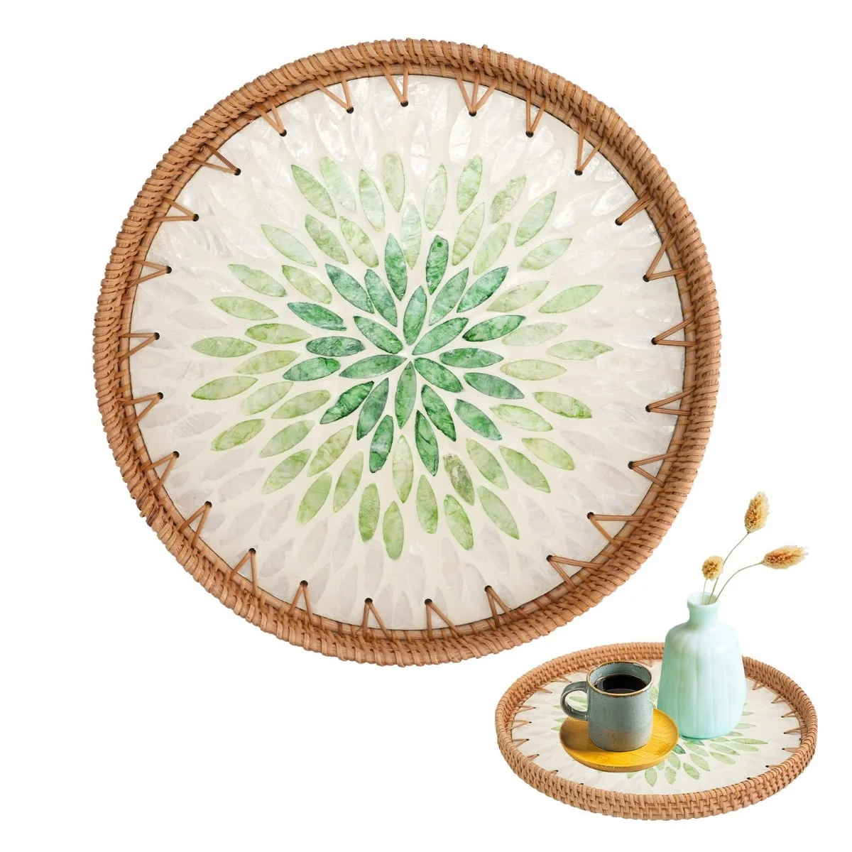 Handwoven Rattan Trays with Natural Shell Inlay Boho Decorative Wicker Serving Coffee Table Tray for Candles Snacks Entertaining