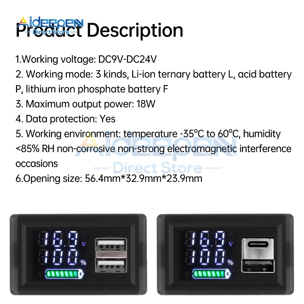 ZFX-3079 DC9-24V Lead-acid Lithium Battery Indicator Universal LED Dual Digital Display Battery Monitor Voltage Meter USB+Type-c