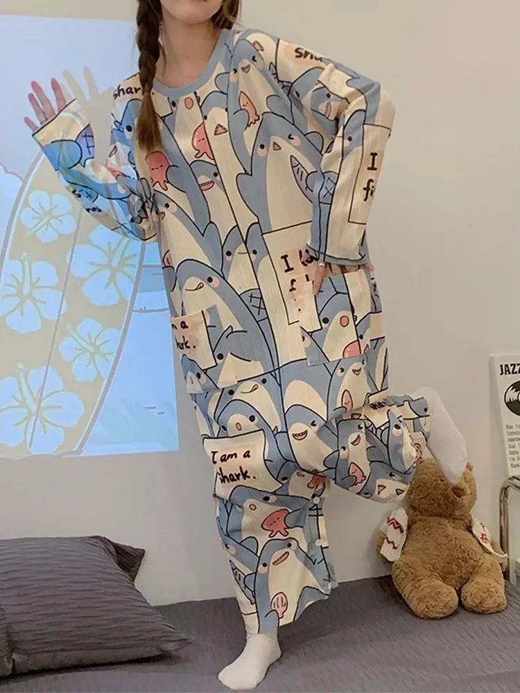 

plus Size 300 Pou Cartoon Cute Gentle ark Onesie Spwear Women's Long Sve Loose Home Clothes Set Comfortable Autumn...