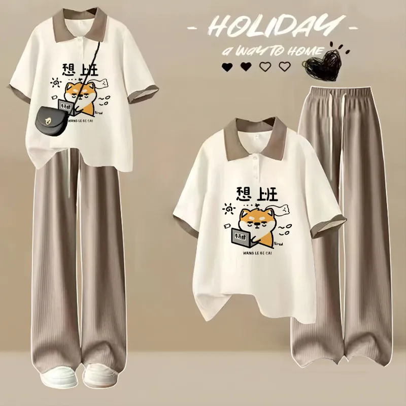 เสื้อยืดแขนสั้นโปโลญี่ปุ่นฤดูร้อน - พิมพ์การ์ตูนน่ารักเรียบง่ายหลวมพอดีขนาดใหญ่