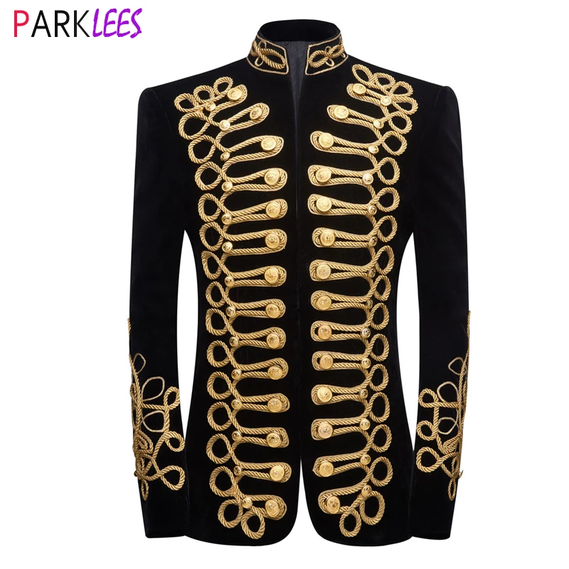 Mens Stylish Court Prince Black Velvet Gold Embroidery Blazer Suit Jacket Wedding Party Prom Suit Blazers Stage Singer Costumes