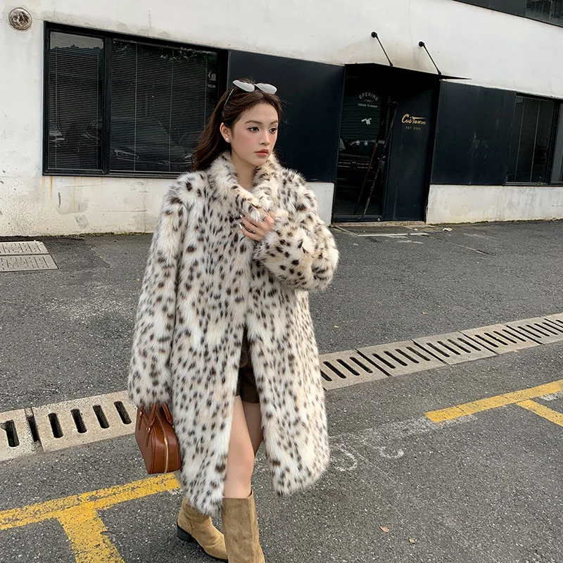 Autumn and Winter Imitation Fur Coat Sexy Leopard Fox Fur Coat Large Lapel All-match Plush Eco-friendly Fur Women's Clothing