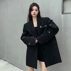 2025 Spring and Autumn Fashion Trend Oversize Office Lady Black Blazer Women's Solid Color High-end Fried Street Small Suit Top