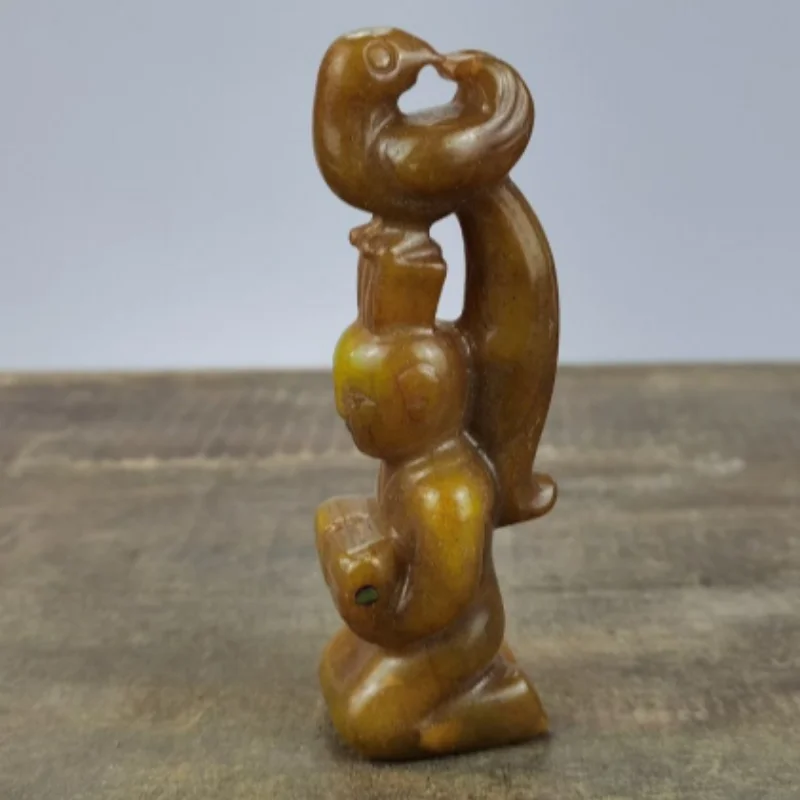 Vintage Xiuyan Jade Carved Mini Phoenix and Figure Statue - Hand Piece Palm Stone for Home Desktop Decor Hanging Ornament