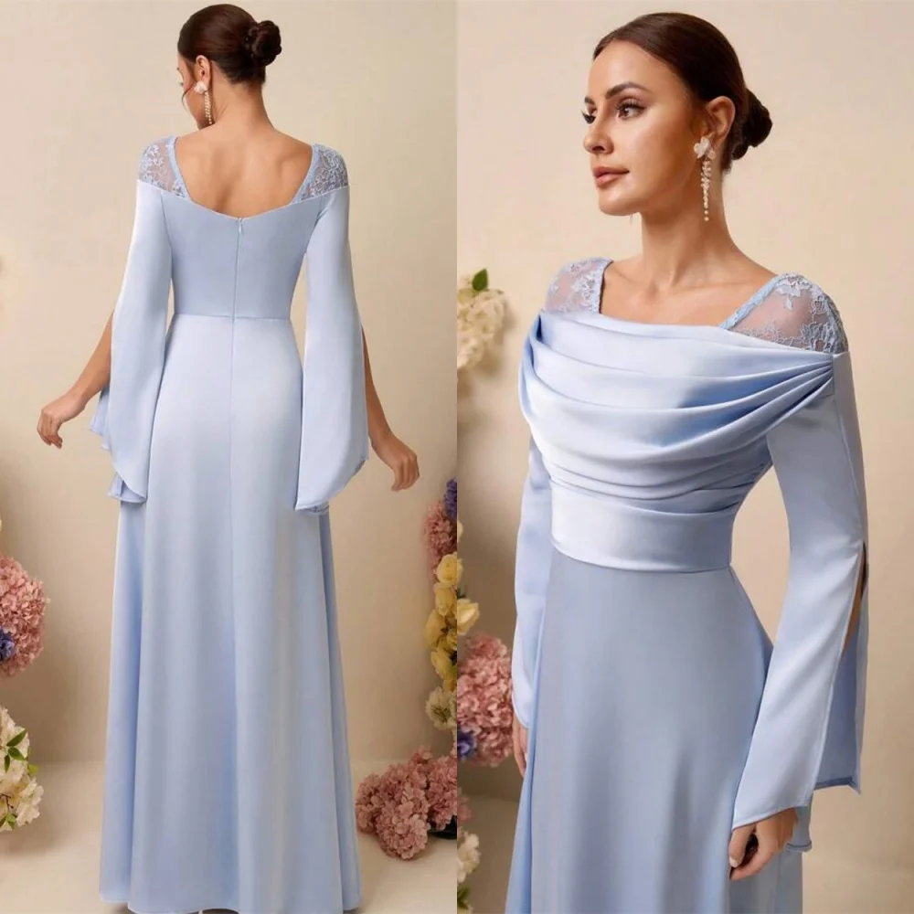 

Customized Dresses 2025 Woman High Quality Blue Satin Evening Dress Temperament Long Sleeves Celebrity Gowns Party Dress