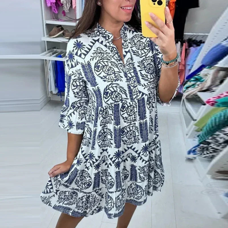 Robe mi-longue imprimée vintage pour femmes, robe de soirée décontractée, robe de plage élégante, vacances Boho, été, adt, manches 3/4