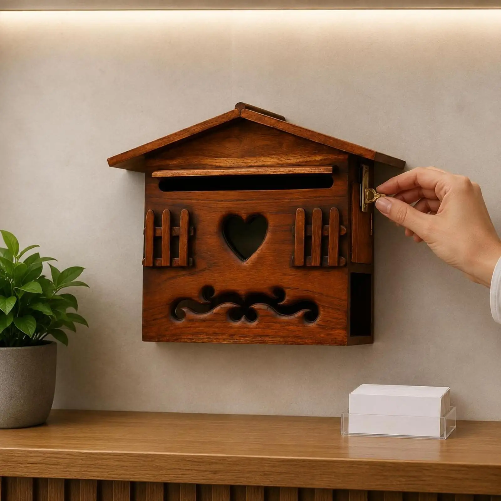 Wooden Mailbox Hand Carved Wood Mailbox Hinged Lid Design for Company