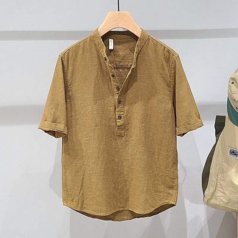 

High-End Button-Up Linen ort-Sve T-irt Men's Loose Fit Summer Thin Breathable Five-Sve Casual irt Youth Sle