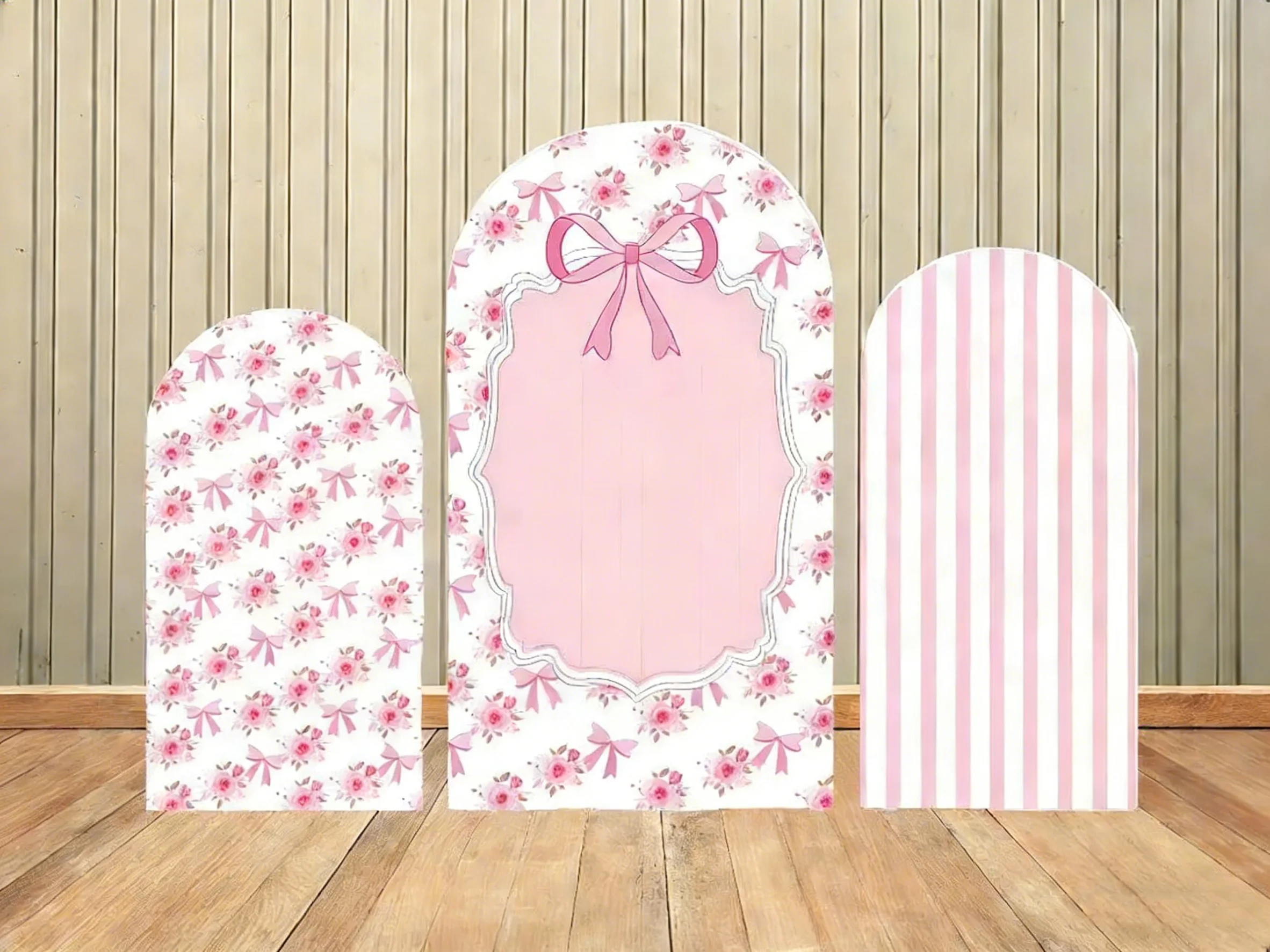 

LS Custom Name 2-Sided Pink Bow Floral Stripes Girls 1st Birthday Party Baby Shower Cover Chiara Arch Background Decor Backdrop
