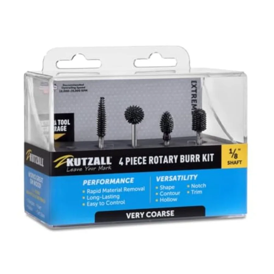 

Kutzall 4-Piece Rotary Burr Kit - 1⁄8" Shaft, - Wood Carving Bits for Dremel, Foredom, Ryobi, DeWalt, Milwaukee Tools - Structu