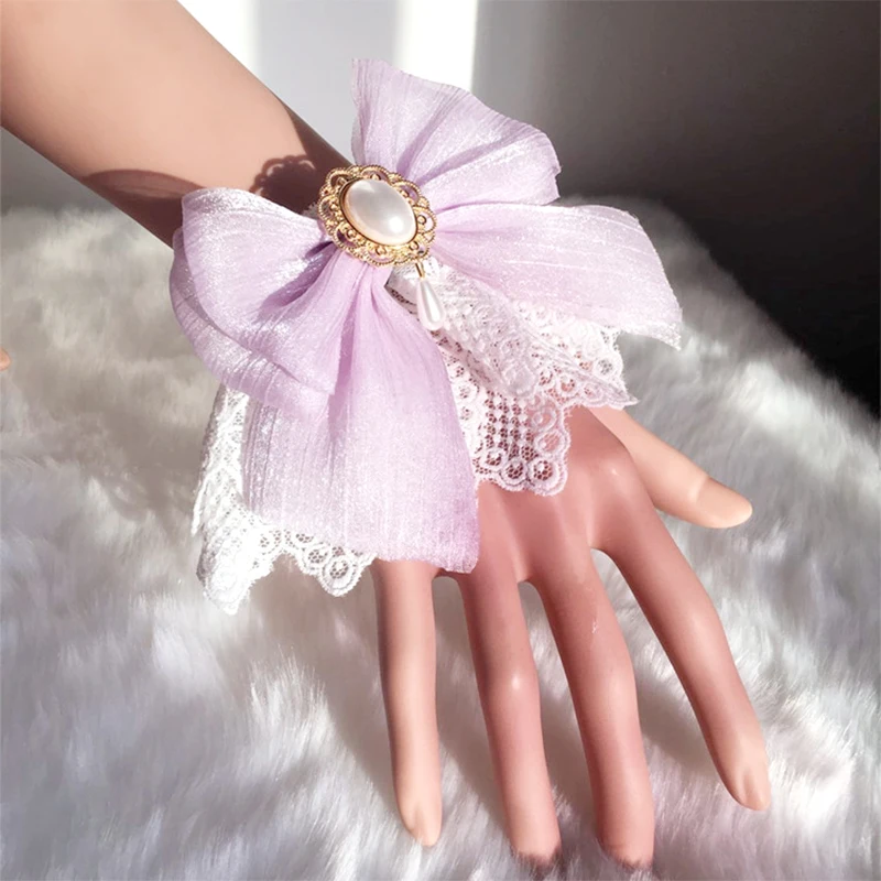 Sweet Lolita Handmouw Kanten Strik Parel Polsband Armband Vrouwen Meisjes Cosplay Party Polshoes Mode Kleding Accessoires