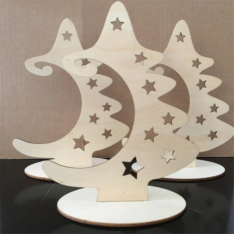 1Set Xmas Ornament Wood Chip Star Hollow New Holiday Atmosphere Decoration Christmas Tree Ornaments+Base Craft