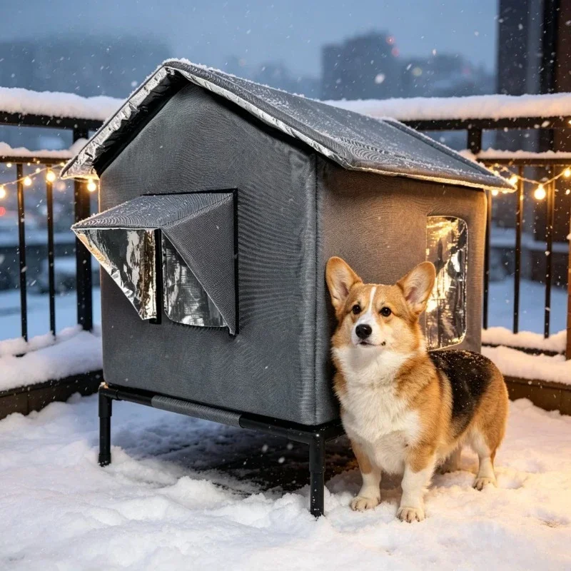 Winter Isoliertes Erhöhtes Hundehaus Wasserdichter Outdoor-Hundeschutz Wärmespeichernd für Kleine und Mittelgroße Hunde im Schneebedeckten Garten – Detail 6