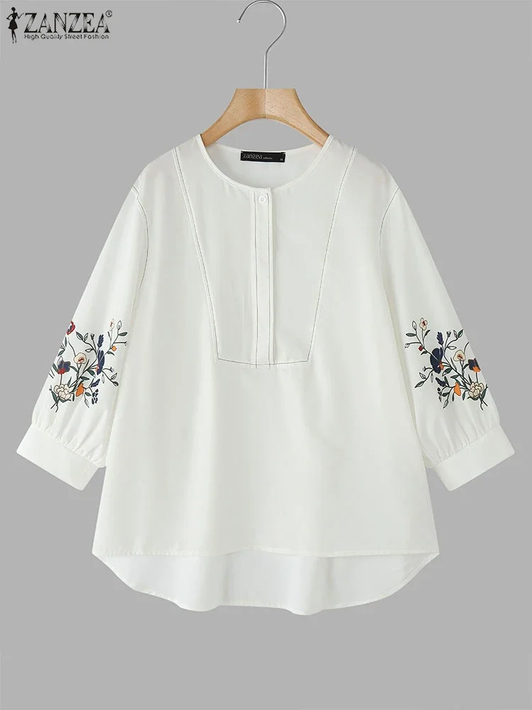 

ZANZEA 2025 Summer Vintage Women Fashion Loose Blouse Shirts 3/4 Puff Sleeve Floral Print Tunic Tops Casual O-Neck Button Blusas