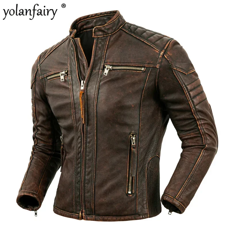 

Motorcycle Leather Jacket Men Cowhide Genuine Leather Short Jackets for Men 2022 Autumn New Fashion Casual Vintage Jackets Lq446