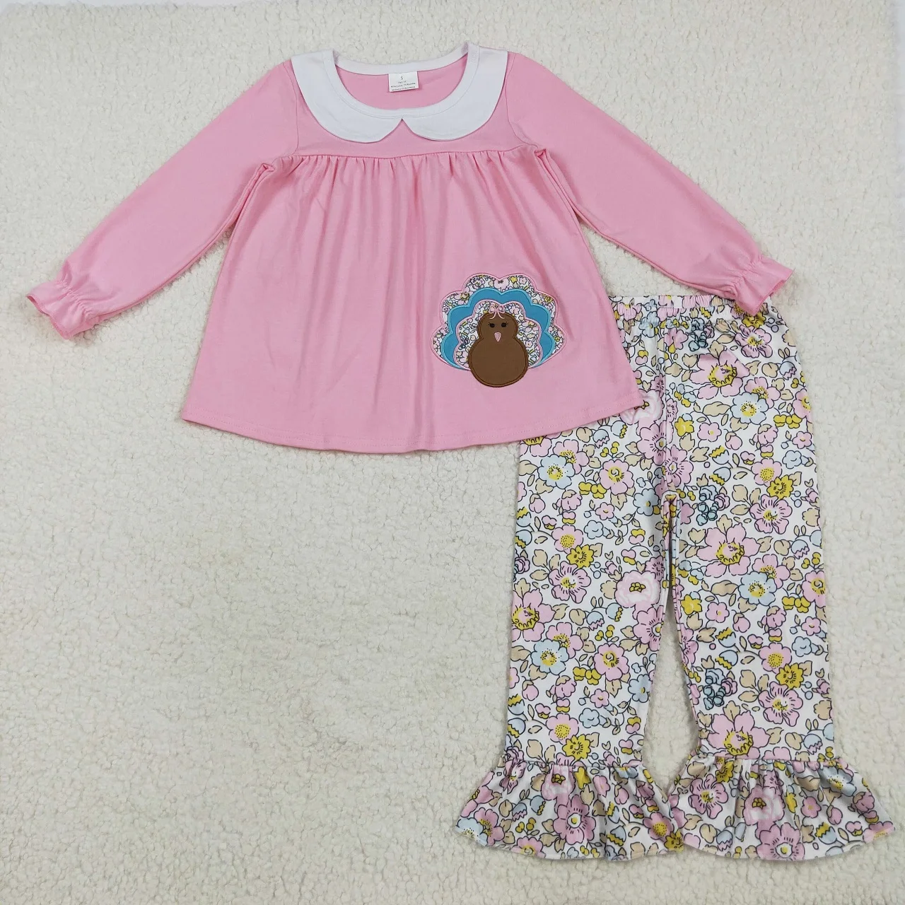 

Wholesale Toddler Thanksgiving Set Baby Girl Long Sleeves Children Kids Embroidery turkey Bow Tunic Outfit Flower Pants Clothes
