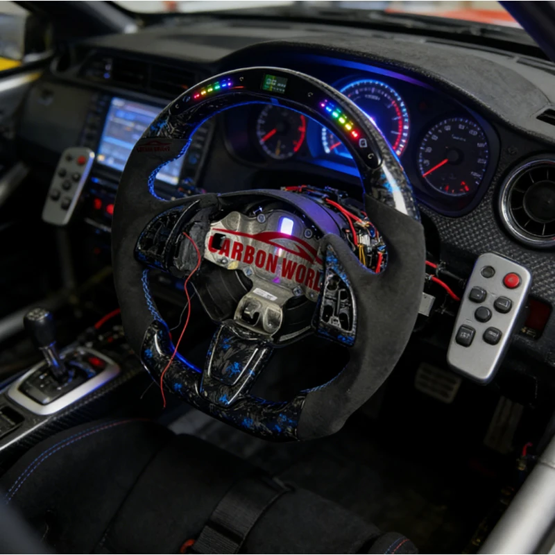 

Custom sports racing style LED green forged carbon fiber steering wheel for Fiat Ducato and Abarth, made of genuine leather.