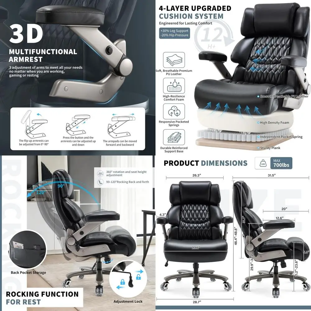 

Большое эргономичное офисное кресло с высокой спинкой: емкость 700 фунтов, регулируемая поясница, плюшевое сиденье, тяжелое основание и тихие колеса