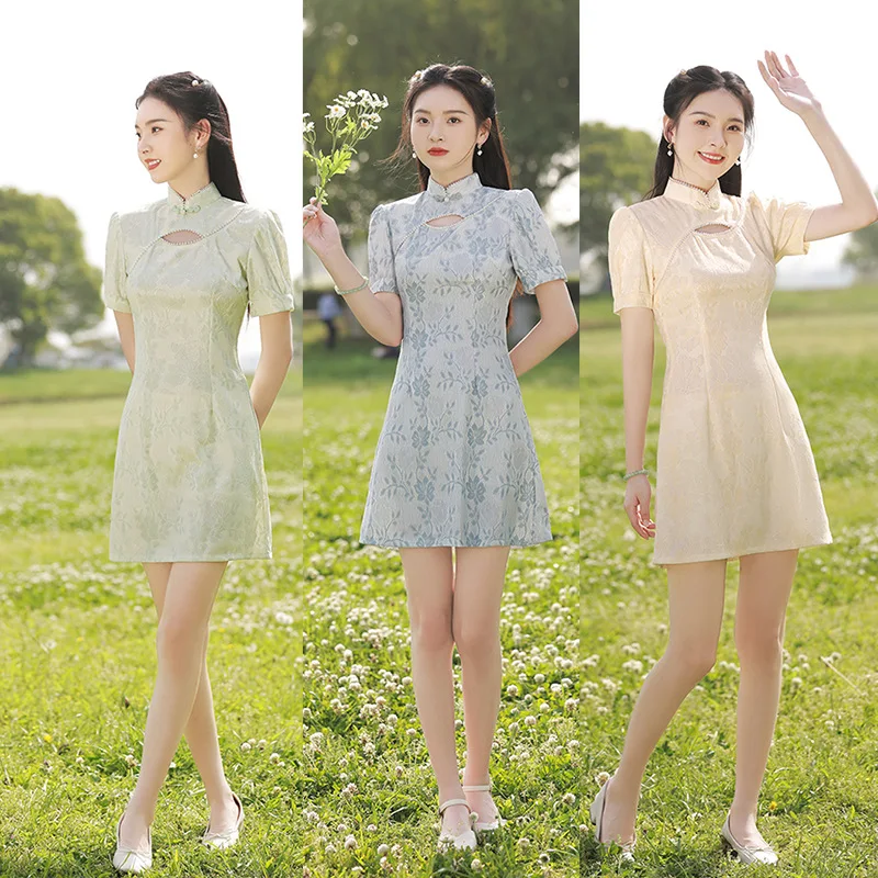 

Summer Beaded Mandarin Collar Chiffon Young Girl Mini Cheongsam Elegant Retro Short Sleeve Qipao Chinese Daily Dress