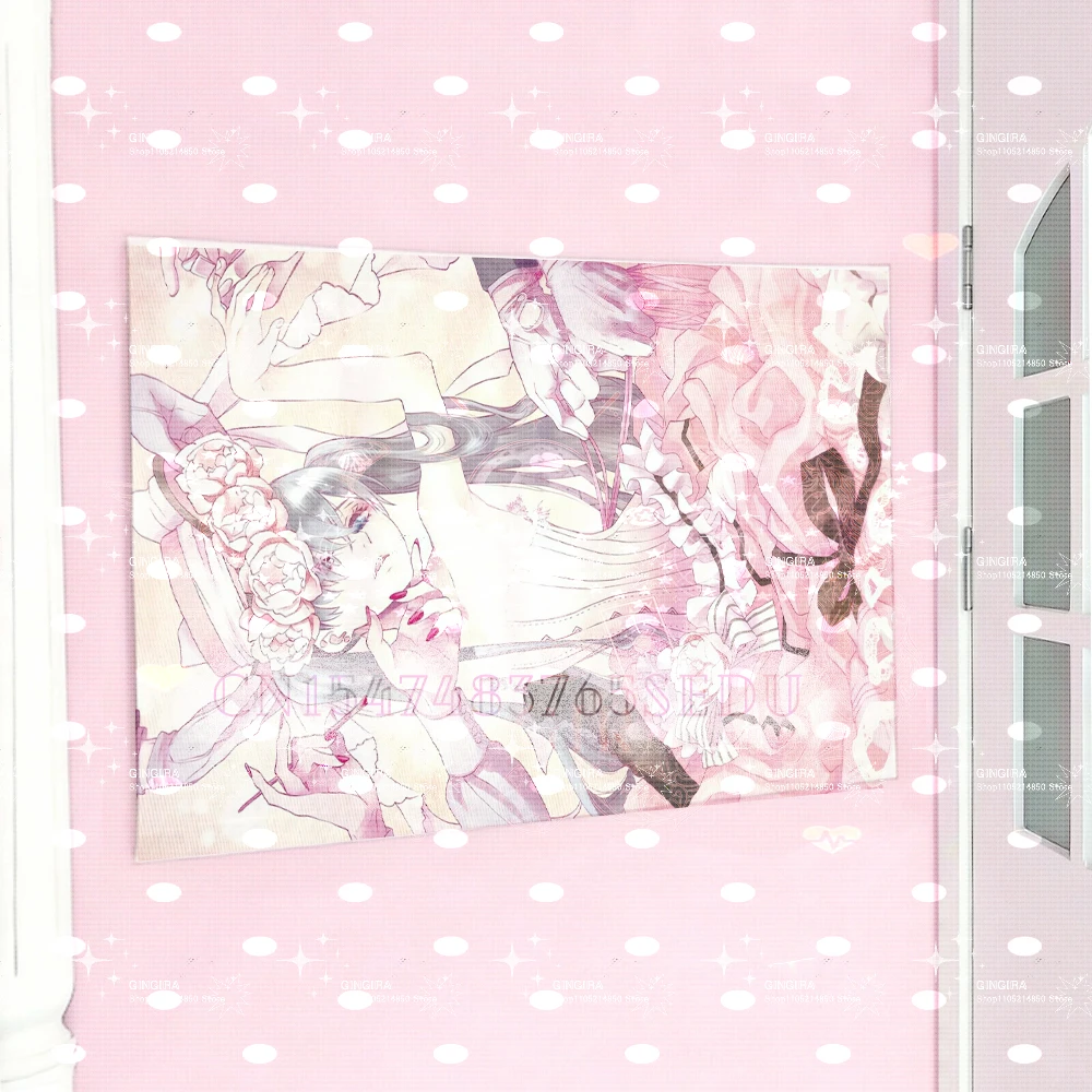 Wandteppich Ciel Phantomhive Anime Wandteppich, Wanddekoration aus weichem Stoff mit rosa Rosen, Black Butler Wandteppich für Schlafzimmer, Wohnzimmer, Wohnheim, Geschenk