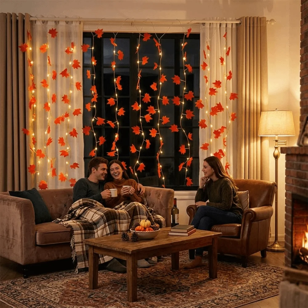 LED String Lights Warm White Lifelike Maple Leaves Fairy Curtain Lights Lightweight Durable Material Remote Control