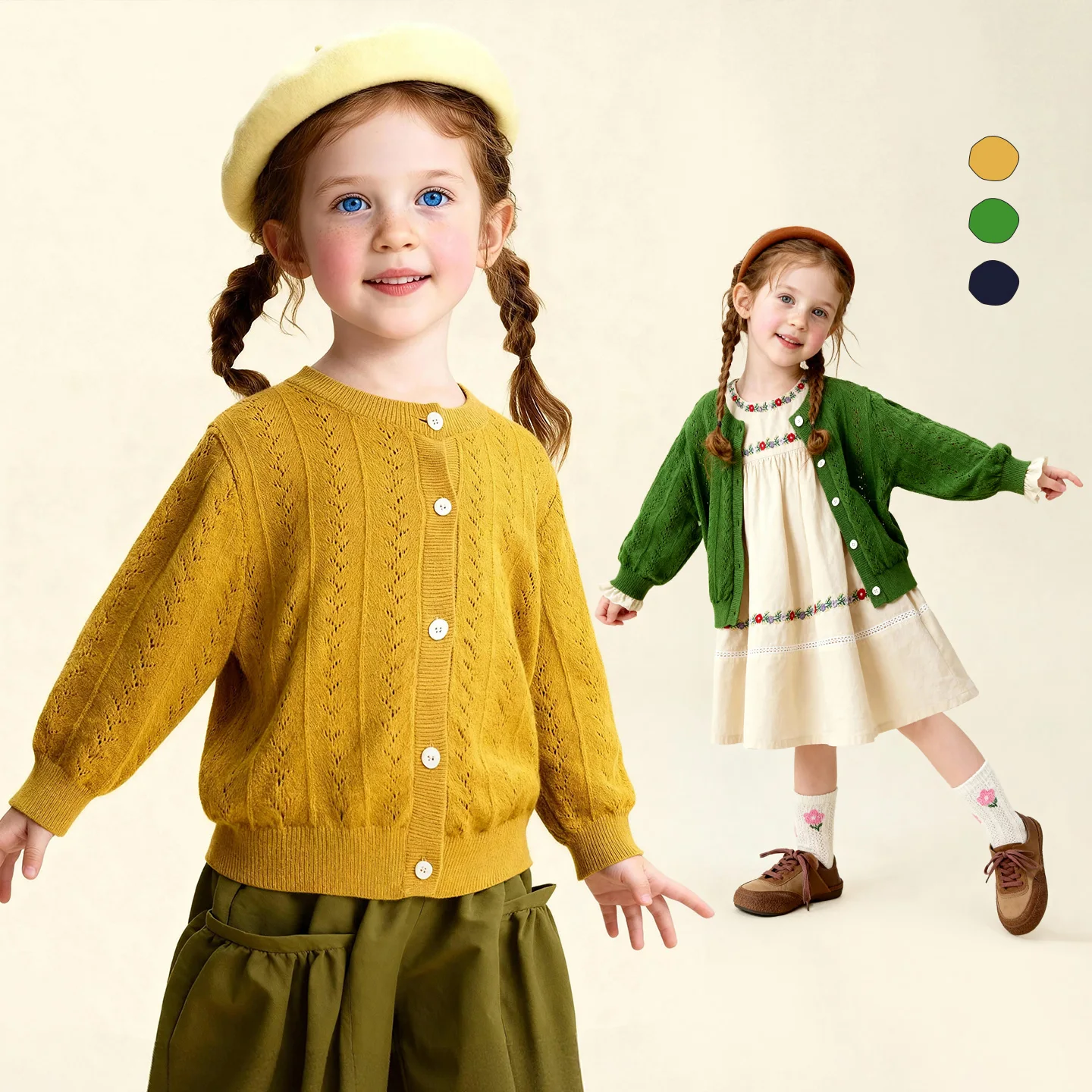 Amila 2026 Spring Children's Sweater Cardigan Round Neck Hollow Pattern Casual Loose Daily Fashion Gentle Top