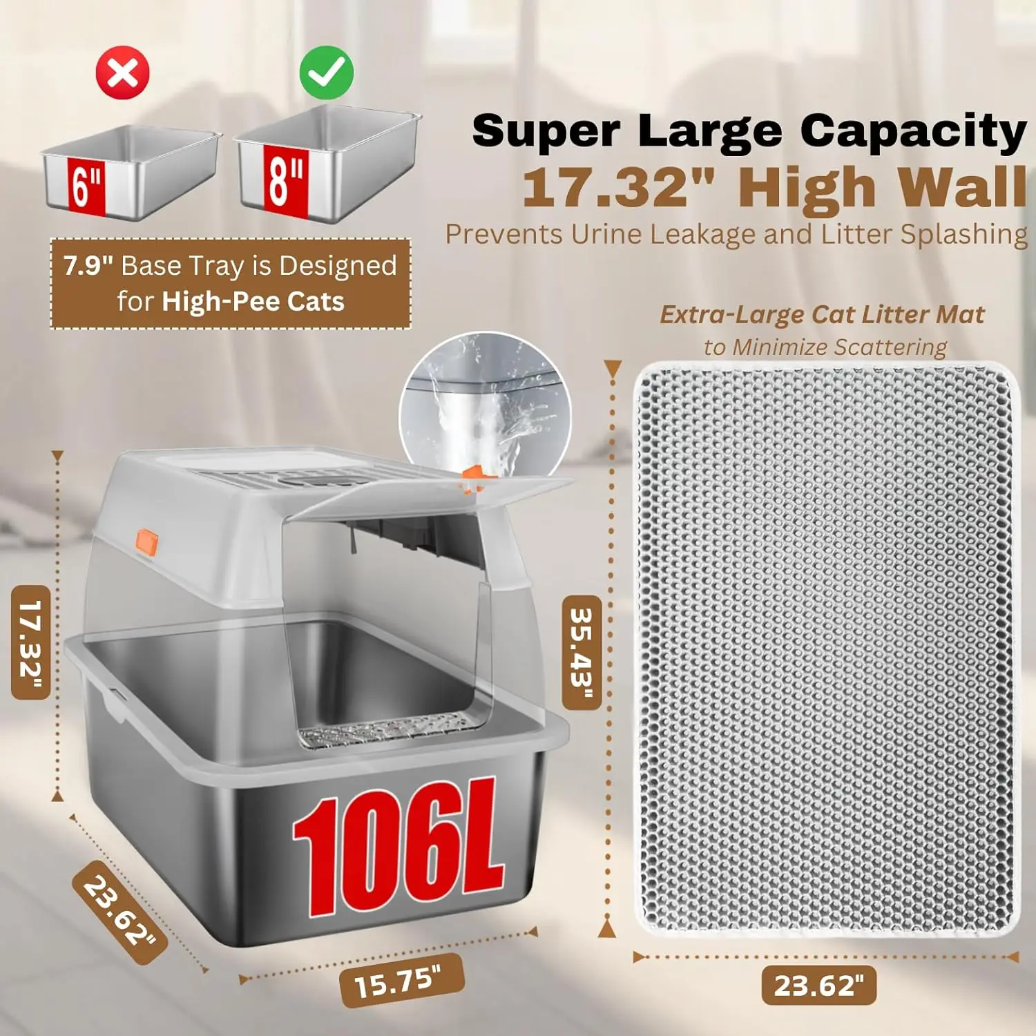 

Fully Enclosed XXL Stainless Steel Litter Box with Lid, 8” Deep Pan, Large Stainless Steel Cat Litter Box for Big Cat with Scoop