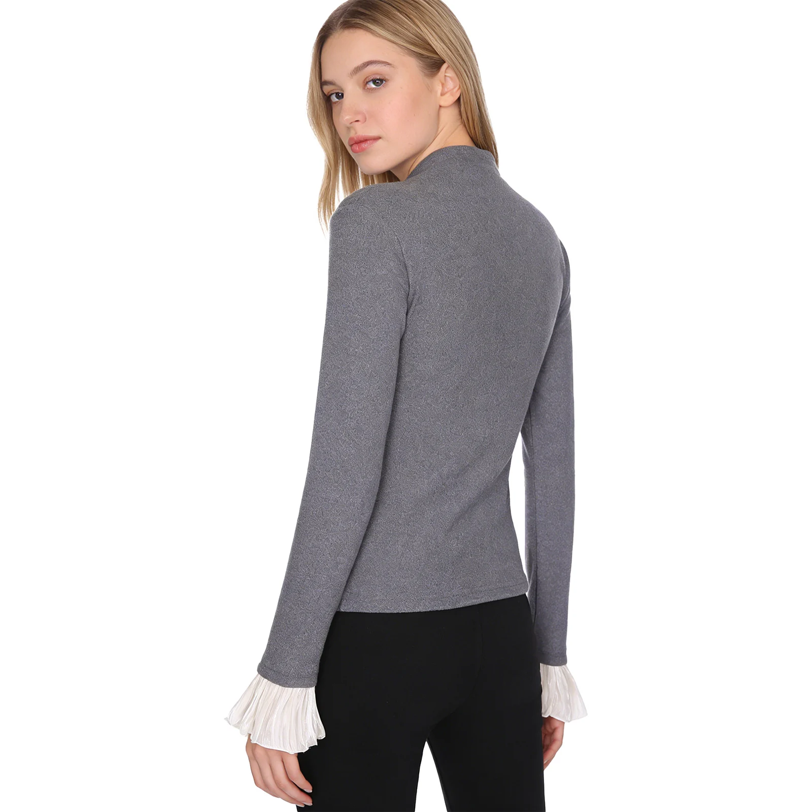 

Women Basic Layer Blouse Turtleneck Tee Shirts Long Sleeves with Pleated Flared Cuffs Pullover T-shit Top for Casual Dating