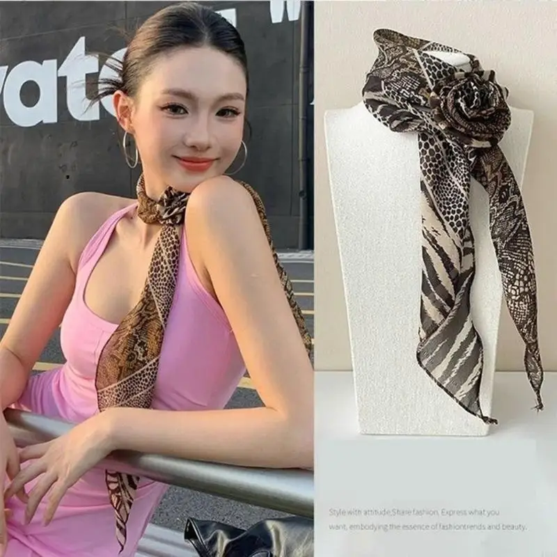 Stylish Leopard Pattern Thin Silk Neck Scarf Fashionable Neckerchief Lightweight 49MB