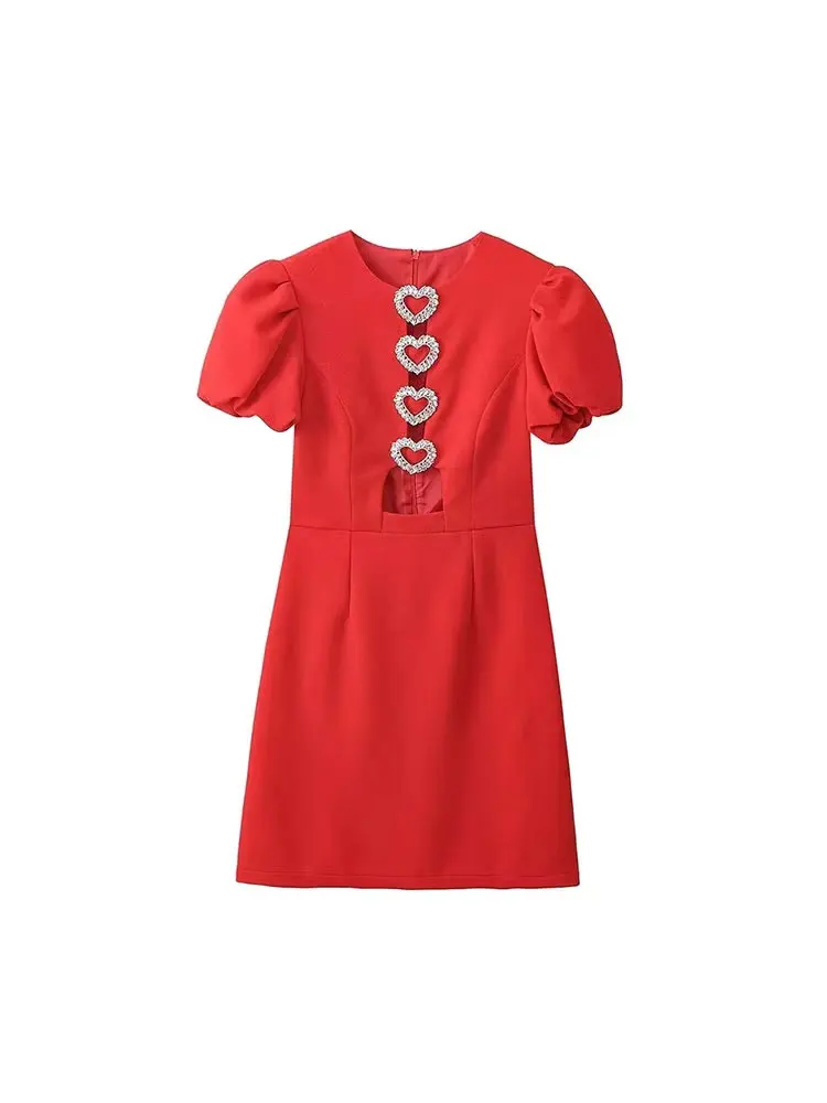 HH 2024 Mini abito elegante femminile con maniche a sbuffo Hollow Solid Red Chic Slim Heart Decorazione in metallo O Collo Abito da festa