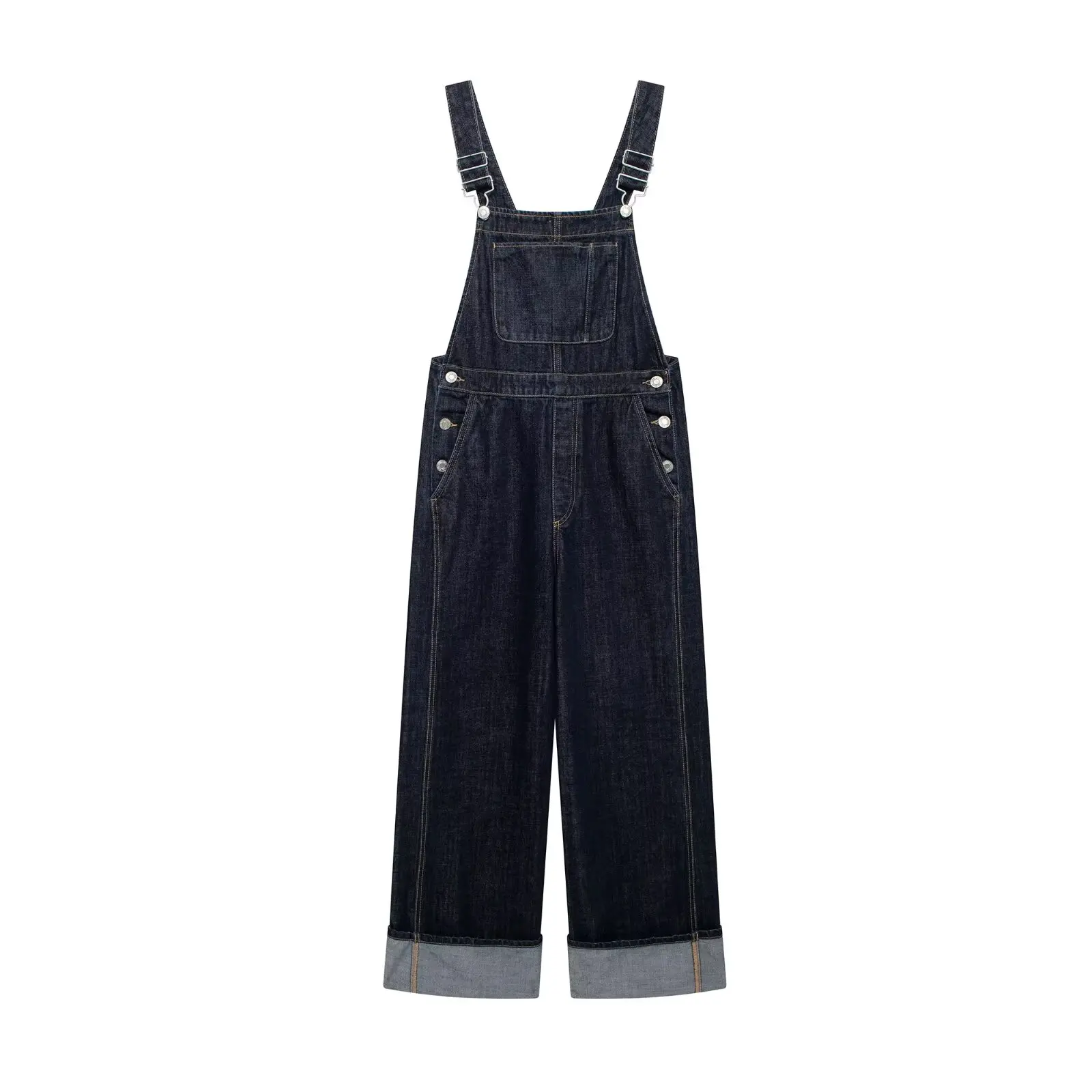 ​​TRAFZA Summer Female Elegant Jumpsuit Solid Blue Sleeveless Backless Pockets Button Women's Sling Long Denim Overalls Mujer