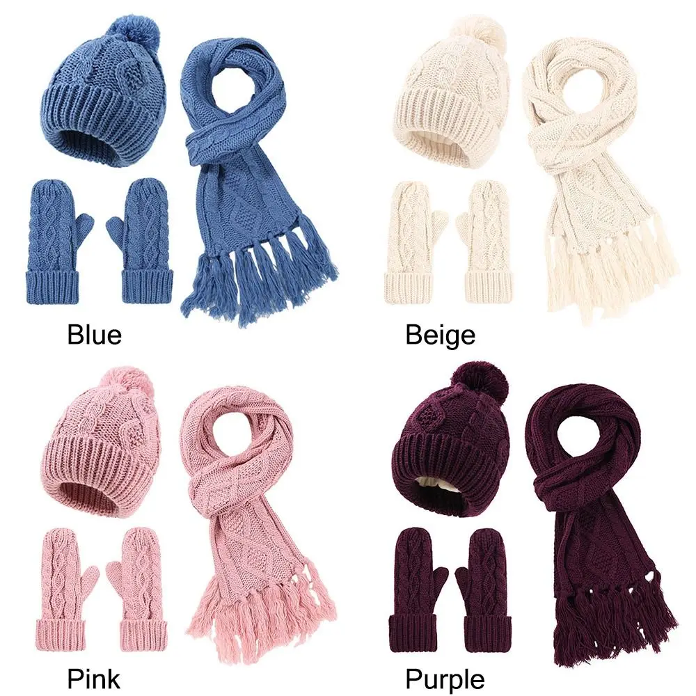 Fashion musim dingin Beanie topi syal sarung tangan Set hangat 3 in 1 Set syal panjang leher hangat rajut Beanie wanita dengan Pom Pom untuk wanita