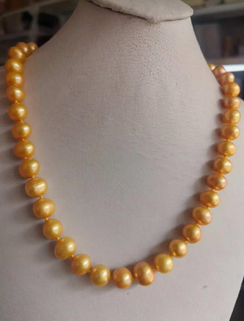 new AAA 10-9mm NATURAL REAL round South sea deep golden pearl necklace 18in