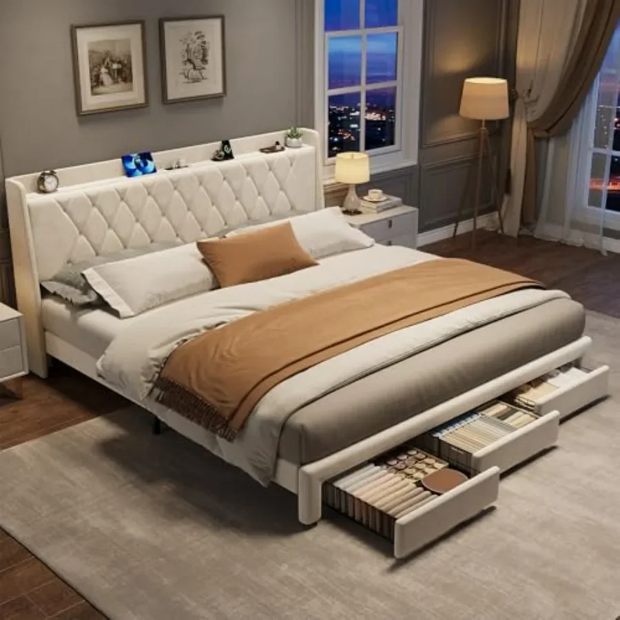 King King Size Velvet Upholstered Platform Bed Frame with Crystal Tufted Headboard, 3 Storage Drawers, Built-in Charging Station, No - Aliexpress Deal