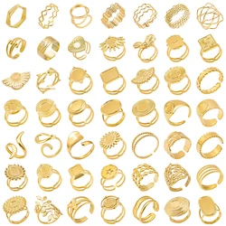New Open Adjustable Ring Leaf Snake Heart Real Gold Plated Stainless Steel Rings For Women Men Accessories Multi-Layered Jewelry