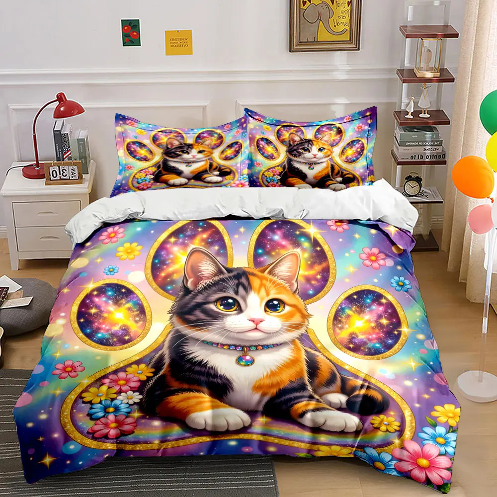 Fantasy cosmic cat with vibrant flowers Pattern Duvet Cover Set Digital Print Colorful Polyester Bedding with Zipper Closur gift