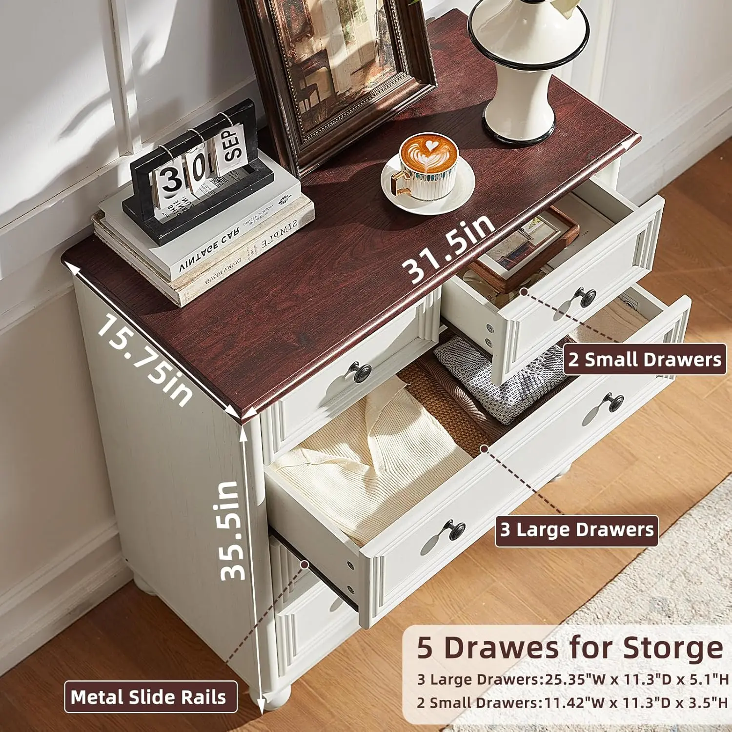 خزانة ملابس بيضاء ريفية ذات 5 أدراج، بطول 35.5 بوصة، منظم تخزين المزرعة لغرفة النوم وغرفة المعيشة والممر