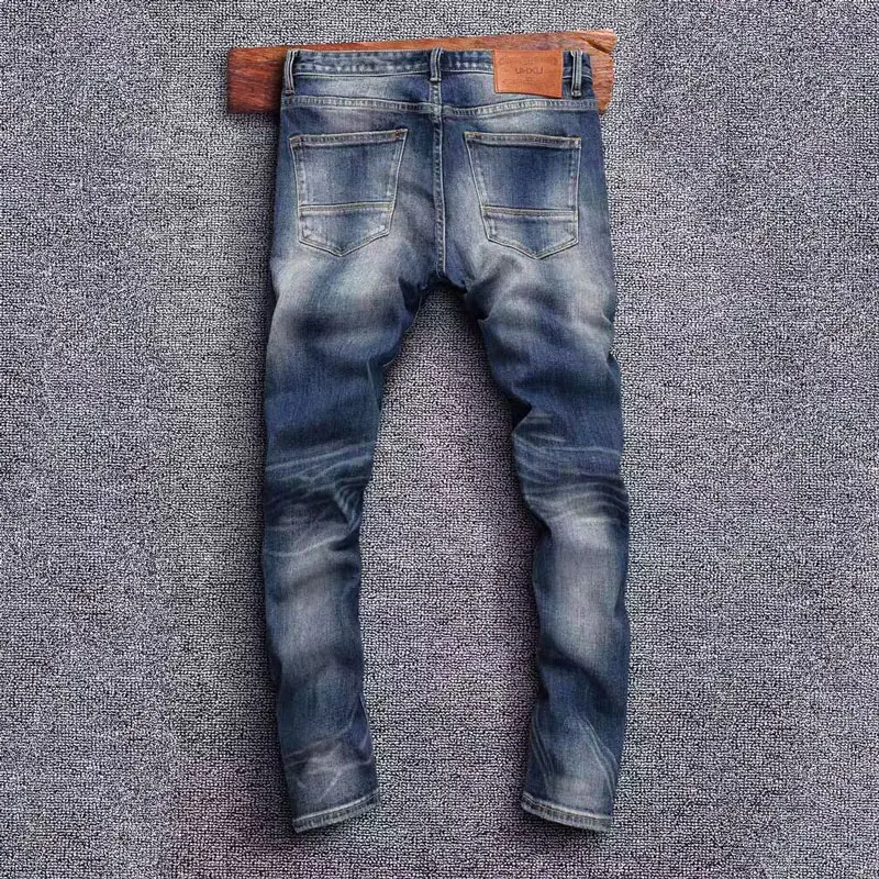 Fashion Designer Men Jeans High Quality Retro Blue Stretch Slim Fit Ripped Jeans Men Classical Trousers Vintage Denim Pants